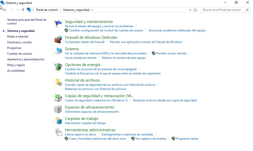 Portada sistema y seguridad de windows